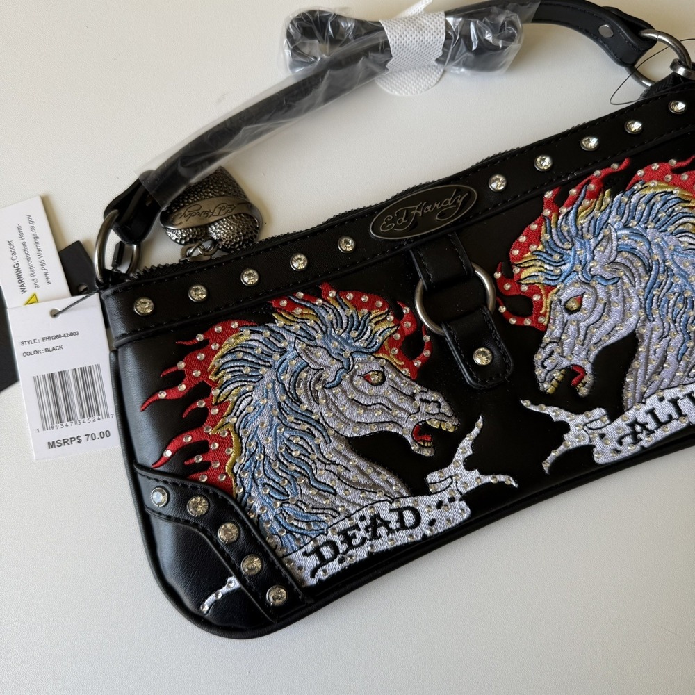 Ed Hardy Womens Shoulder Purse Bag Horses Tattoo Dead Alive Studs Black NWT Y2K